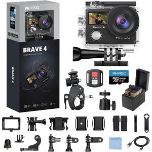 imageAKASO Brave 4 Action Camera 4K 30fps with 64GB MicroSD U3 Card Bicycle Helmet Accessories Kit Bundle 20MP Ultra HD 131FT Waterproof Underwater Camera EIS WiFi Remote Control 5X Zoom Sport CamerasWith 64GB U3 Card