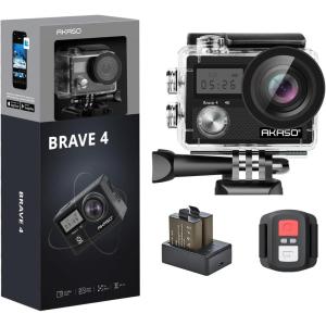 imageAKASO Brave 4 Action Camera 4K 30fps with 64GB MicroSD U3 Card Bicycle Helmet Accessories Kit Bundle 20MP Ultra HD 131FT Waterproof Underwater Camera EIS WiFi Remote Control 5X Zoom Sport CamerasStandard