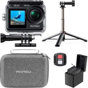 imageAKASO Brave 7 LE 4K30fps Action Camera with 64GB MicroSDXC U3 Memory Card Accessories Kit Bundle Ultra HD 131FT Waterproof Camera EIS 20 WiFi Remote Control Zoom Underwater CameraWith Selfie Stick Tripod and Carry Bag