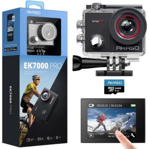 imageAKASO EK7000 Pro 4K30fps Action Camera with Touch Screen EIS 131ft Waterproof Underwater Camera Remote Control 5X Zoom with Helmet Accessories Kit StandaloneWith 64GB MicroSD Card