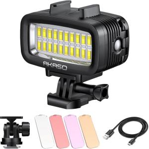 imageAKASO Underwater Light 131ft 40m Waterproof Diving Light High Power Dimmable LED Video Light with Cold Shoe Mount and 4pcs Color Filters for GoproAKASO Action Cameras and CanonNikon SLR Cameras