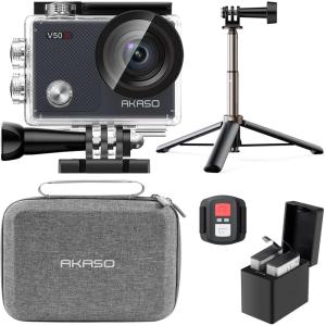imageAKASO V50X Native 4K30fps WiFi Action Camera with EIS Touch Screen 4X Zoom 131 feet Waterproof Camera Support External Mic Remote Control with Helmet Accessories Without 64GB MicroSD CardWith Selfie Stick Tripod and Carry Bag