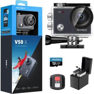 imageAKASO V50X Native 4K30fps WiFi Action Camera with EIS Touch Screen 4X Zoom 131 feet Waterproof Camera Support External Mic Remote Control with Helmet Accessories Without 64GB MicroSD CardWith 64GB MicroSD Card