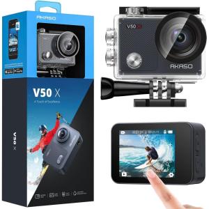 imageAKASO V50X Native 4K30fps WiFi Action Camera with EIS Touch Screen 4X Zoom 131 feet Waterproof Camera Support External Mic Remote Control with Helmet Accessories Without 64GB MicroSD CardStandalone