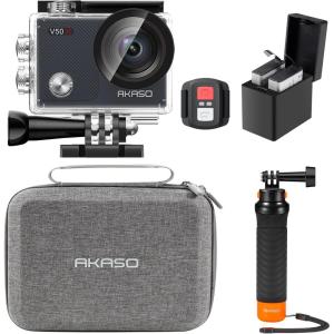 imageAKASO V50X Native 4K30fps WiFi Action Camera with EIS Touch Screen 4X Zoom 131 feet Waterproof Camera Support External Mic Remote Control with Helmet Accessories Without 64GB MicroSD CardWith Floating Hand Grip and Carry Bag