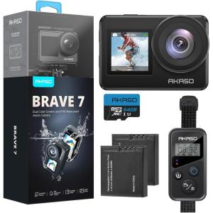 imageAKASO Brave 7 Action Camera 4K30FPS 20MP with 64GB U3 MicroSDXC Memory Card Waterproof Camera with Touch Screen IPX8 33FT EIS 20 Zoom Support External Mic Voice Control with 2X 1350mAh BatteriesWith 64GB MicroSD Card