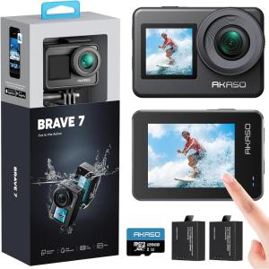 imageAKASO Brave 7 Action Camera 4K30FPS 20MP with 64GB U3 MicroSDXC Memory Card Waterproof Camera with Touch Screen IPX8 33FT EIS 20 Zoom Support External Mic Voice Control with 2X 1350mAh Batteriesbrave 7 with 128GB